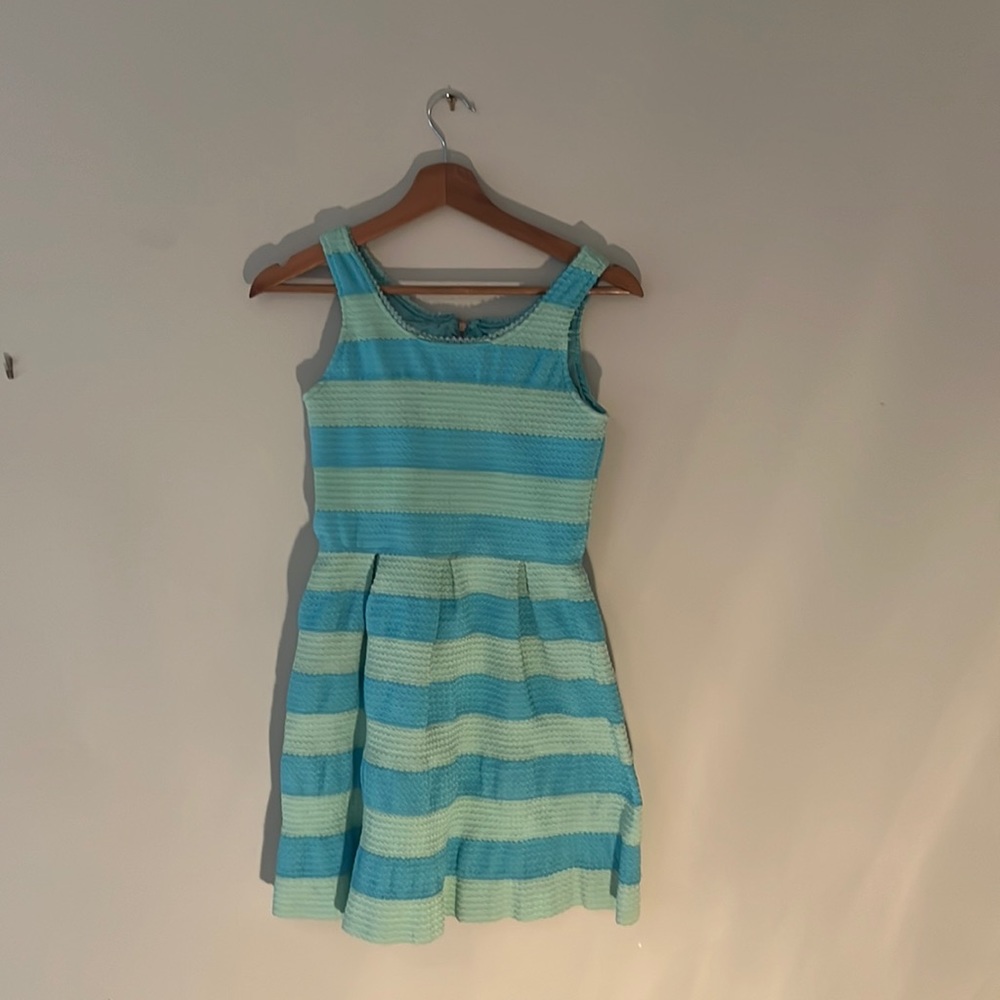 Blue and green striped Easter dress. Pleated. Size 14 kids. Eliza B.
